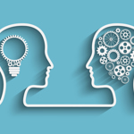Two outlines of human heads facing each other, one with a lightbulb inside and one with cogs inside