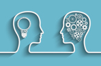 Two outlines of human heads facing each other, one with a lightbulb inside and one with cogs inside