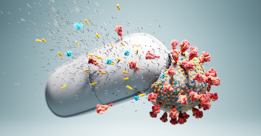 Antibodies attacking a virus, and a pill.