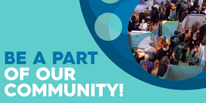 Graphic reading 'be a part of our community' with an image of people at an event