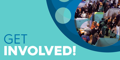 Graphic reading 'Get involved!' with an image of people at an event