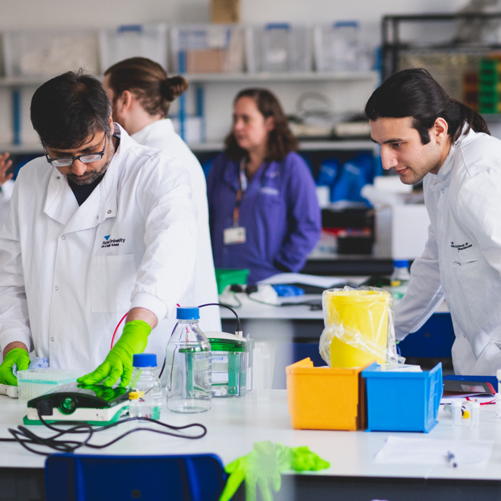 A  group of individuals in laboratory coats collaborating on a scientific project in a laboratory setting