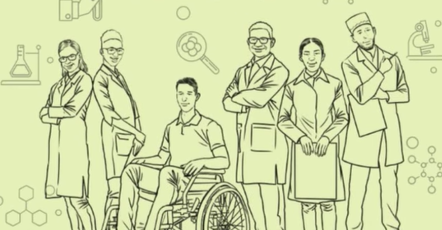 Image from the UOB's animation. A cartoon drawing of diverse individuals in academia
