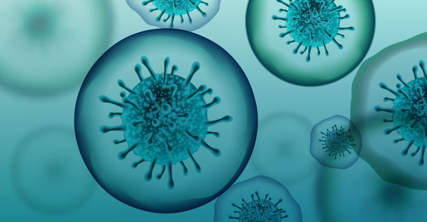 An illustration of virus particles in blue