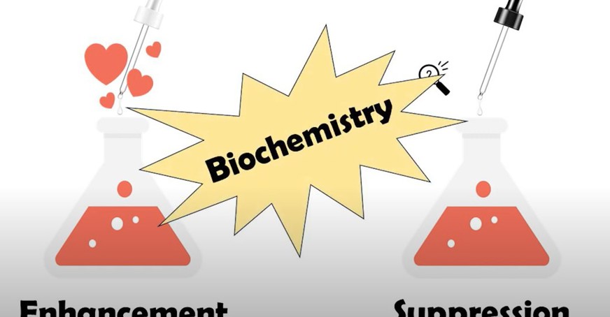 Screenshot of video showing two glass beakers of perfume and Biochemistry written in a bubble between themin a 