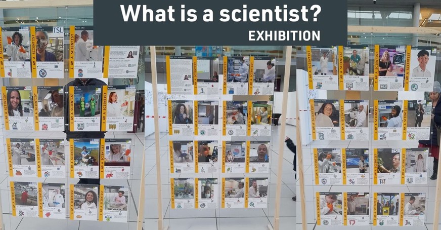 Exhibition of different cards showcasing the different types of people that can be scientists