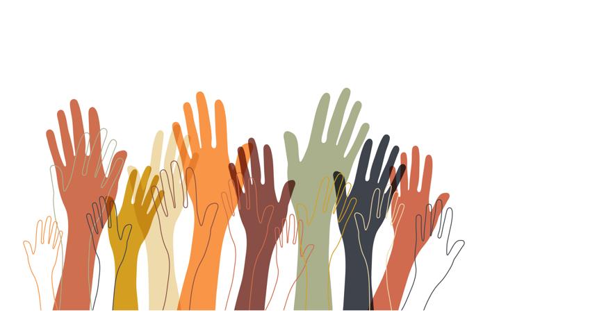 A group of colourful hands reaching into the air