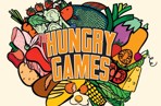 The hungry games logo surrounded by different types of food.