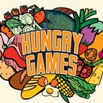 The hungry games logo surrounded by different types of food.