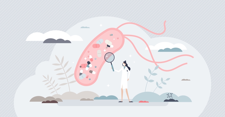 Microorganism being investigated by a scientist using a magnifying glass.