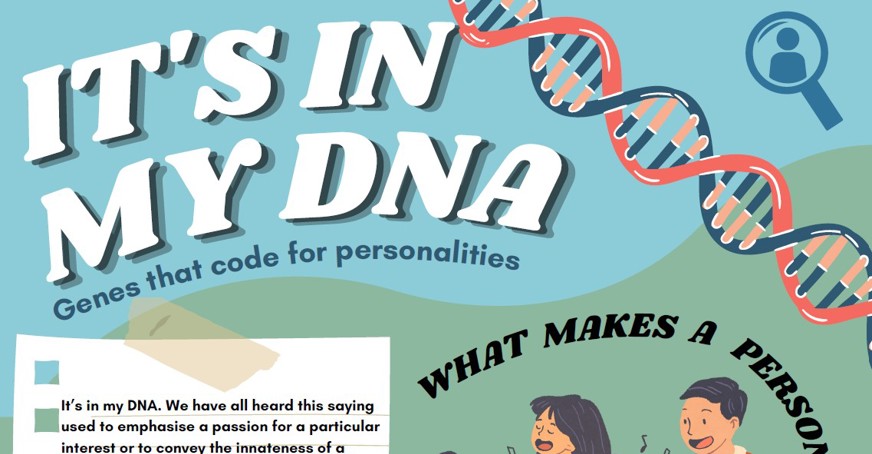 Screenshot of the first page of the infographic titled It's In My DNA, portraying cartoons of people talking