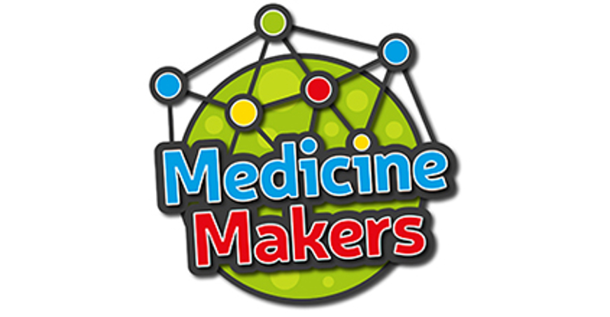 Medicine Makers written in a green circle with an image of a molecular behind