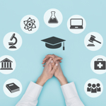 Icons of different professions encompassing a pair of hands and a graduation cap