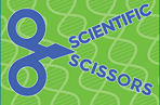 Blue pair of scissors that say scientific scissors, on a green background with yellow images of DNA