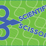 Blue pair of scissors that say scientific scissors, on a green background with yellow images of DNA