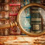 Old books and a magnifying glass