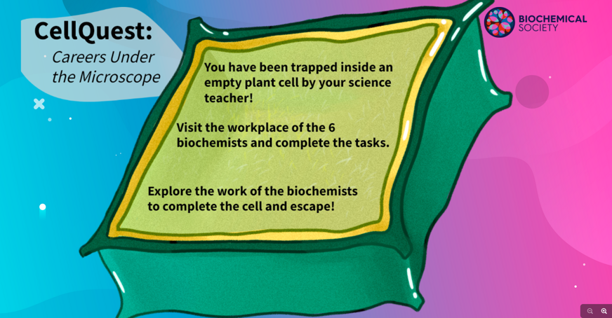 Homepage of CellQuest: Careers under the microscope game. Showcasing an empty plant cell on a colourful background.